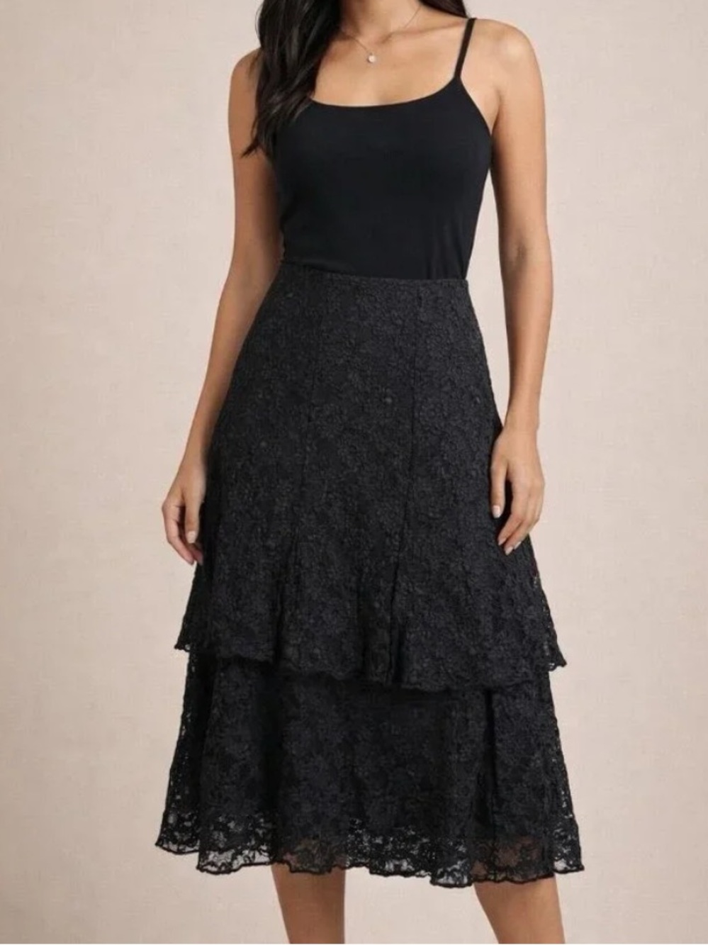 CAbi Black Mesh Embroidered Tiered Victorian Romantic Goth Midi Skirt Size M NWT